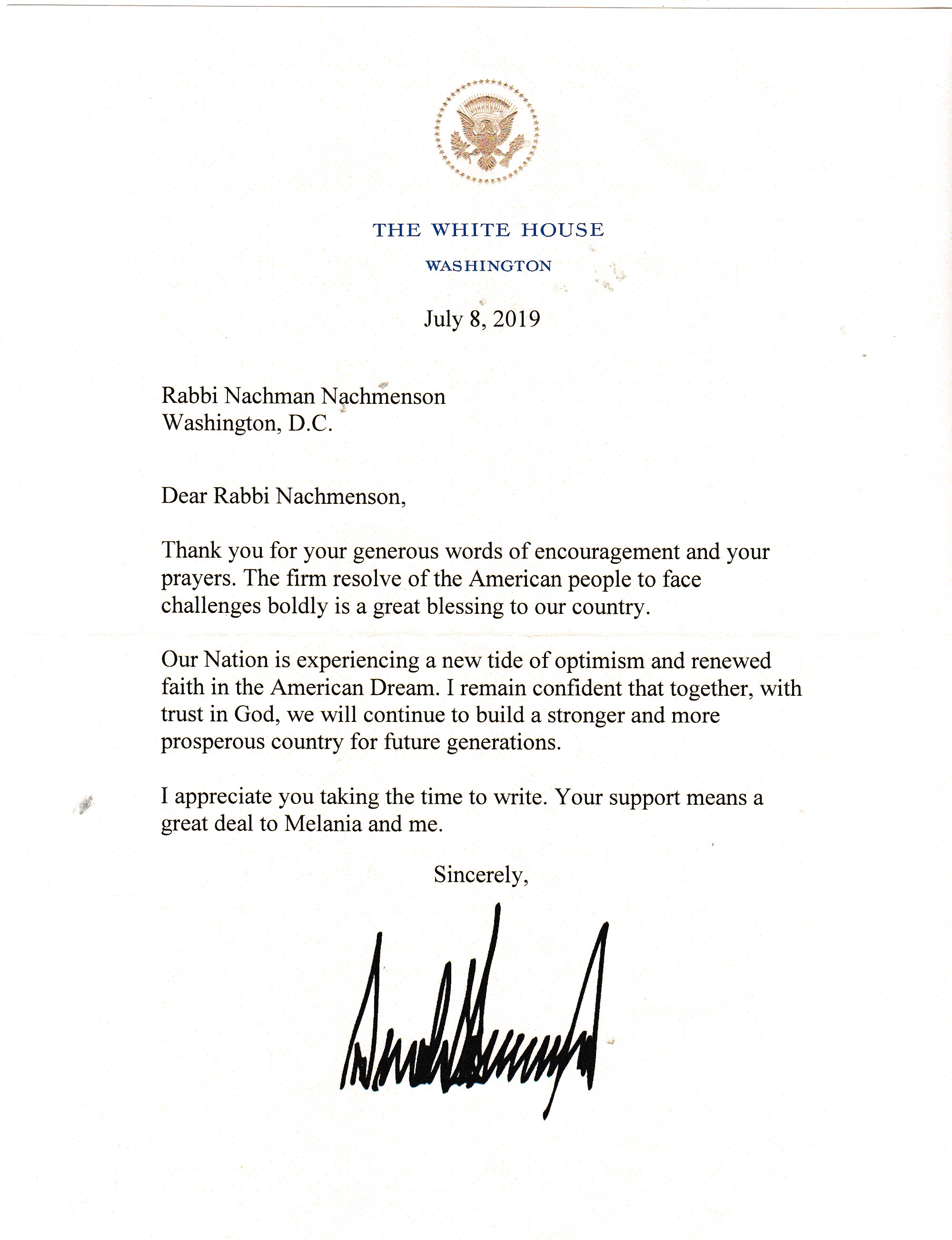 מכתב מהנשיא דונלד טראמפ לרב נחמן נחמנסון השליח הרא