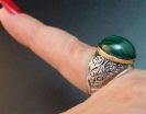 Antique style Unisex Ring With Malachite Gorgeous 14 mm Handmade S.Silver KS1