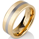 Tungsten wedding bands - polished gold plated tungsten ring with silver center trim - 8mm