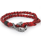 Mens Bracelets - "Sea Treasures" Sterling silver 925 with genuine red leather bracelet, dragon tail clasp oxidized and brushed
