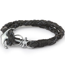 Mens Bracelets - "Sea Treasures" Sterling silver 925 with genuine black leather bracelet, anchor clasp oxidized and brushed
