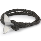 Mens Bracelets - 'Sea Treasures' Sterling silver 925 with genuine black leather bracelet, brushed and oxidized fin