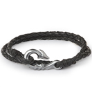 Mens Bracelets - 'Sea Treasures' Sterling silver 925 with genuine black leather bracelet, brushed and oxidized seahorse