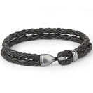 Mens Bracelets - 'Sea Treasures' Sterling silver 925 with black and silver leather bracelet, hook clasp