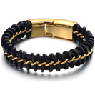 Mens Bracelets - Black leather with 14k gold plated titanium bracelet 12mm wide and 21cm long