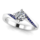 14k White Gold Triangular Prongs With a Twisted Shank Set with a Diamond and Accent Blue Sapphires