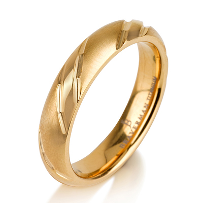 Titanium wedding bands - Rounded delicate 14k gold plated titanium ring with engraved trims brushed finishing - 4mm