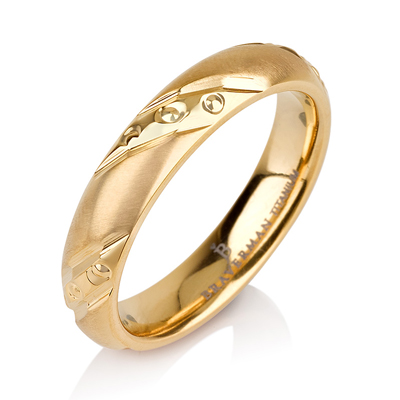 Titanium wedding bands - Delicate Brushed titanium ring with diamond like engraved trims and 14k gold plating - 4mm