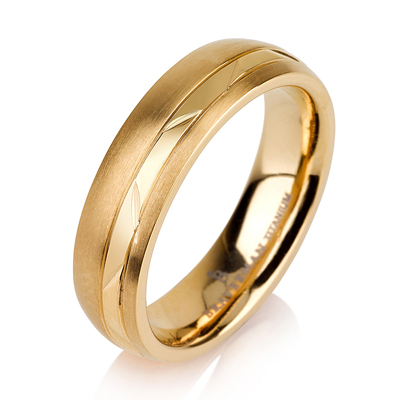 Titanium wedding bands - 14k Gold Plate Brushed rounded titanium ring with polished trim - 5mm