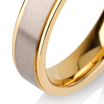 Titanium wedding bands - Brushed center titanium ring with polished sides 14k gold plating - 5mm