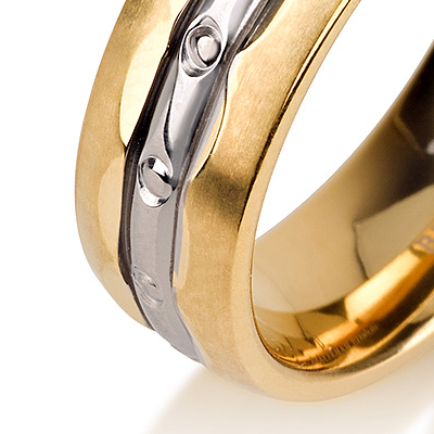 Titanium wedding bands - 14k Gold Plate polished titanium ring with diamond-like engraving - 6mm