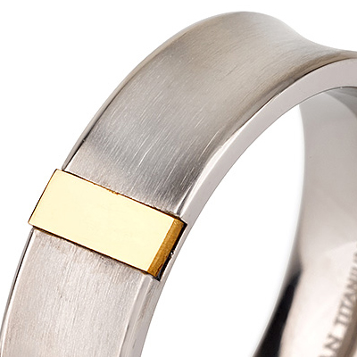 Titanium wedding bands - Curved brushed titanium ring with 14k gold plate trim - 6mm