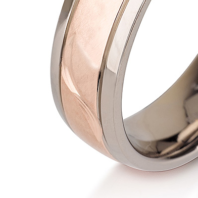 Titanium wedding bands - 14k Rose Gold Plate brushed titanium ring with leaf engraving - 6mm