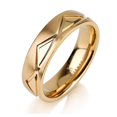 Titanium wedding bands - 14k Gold Plate brushed titanium ring with polished triangles trimming - 6mm