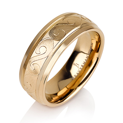 Titanium wedding bands - 14k Gold Plate vintage design titanium ring with engraved tunnels - 7mm
