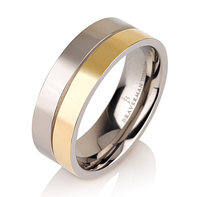 Titanium wedding bands - 14k Gold Plate polished titanium ring with half non plated - 7mm