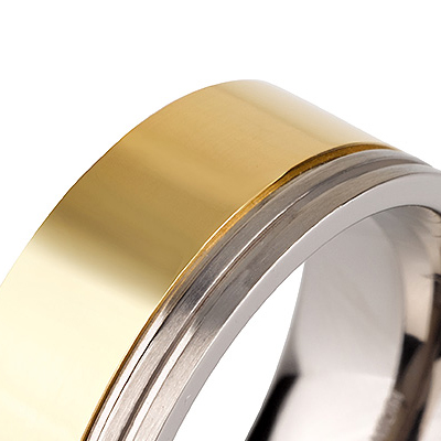 Titanium wedding bands - Polished titanium ring with 14k gold plating and engraved trims - 8mm