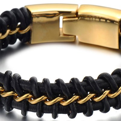 Mens Bracelets - Black leather with 14k gold plated titanium bracelet 12mm wide and 21cm long