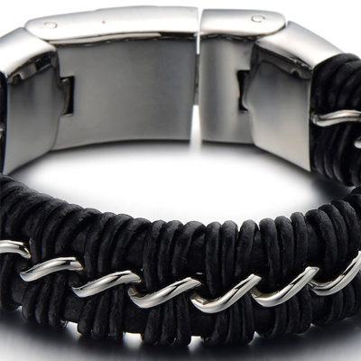 Mens Bracelets - Black leather and titanium bracelet 2cm wide and 23cm long