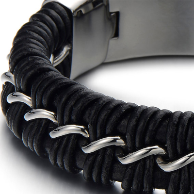 Mens Bracelets - Black leather and titanium bracelet 2cm wide and 23cm long