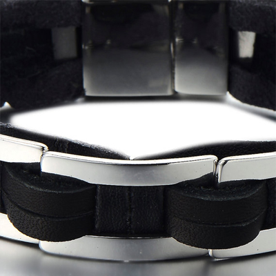 Mens Bracelets - Braided Black leather titanium bracelet 17mm wide and 24cm long