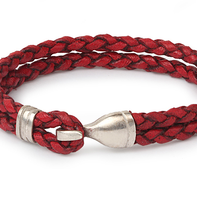 Mens Bracelets - 'Sea Treasures' Sterling silver 925 with genuine red and black leather bracelet, polished hook clasp