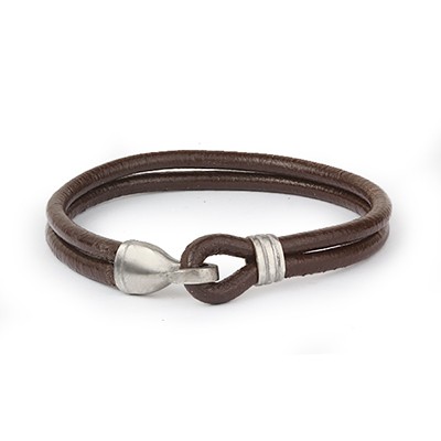 Mens Bracelets - 'Sea Treasures' Sterling silver 925 with genuine brown leather bracelet, polished hook
