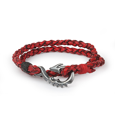 Mens Bracelets - 'Sea Treasures' Sterling silver 925 with genuine red leather bracelet, dragon tail clasp oxidized and brushed
