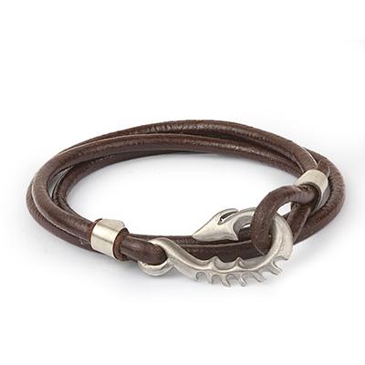 Mens Bracelets - 'Sea Treasures' Sterling silver 925 with rounded brown leather bracelet, polished seahorse