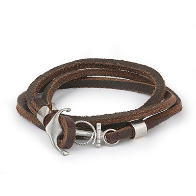 Mens Bracelets - 'Sea Treasures' Sterling silver 925 with genuine brown leather bracelet, polished anchor