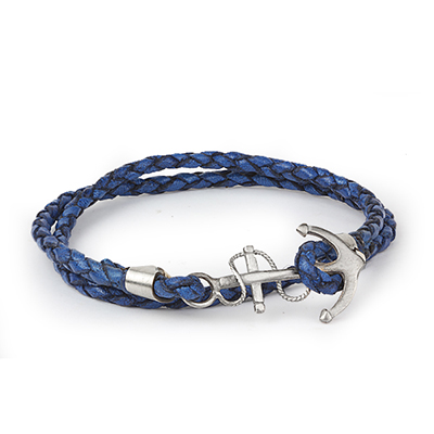 Mens Bracelets - 'Sea Treasures' Sterling silver 925 with genuine blue and black leather bracelet, polished anchor