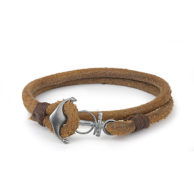Mens Bracelets - 'Sea Treasures' Sterling silver 925 with genuine light brown leather bracelet, brushed and oxidized anchor