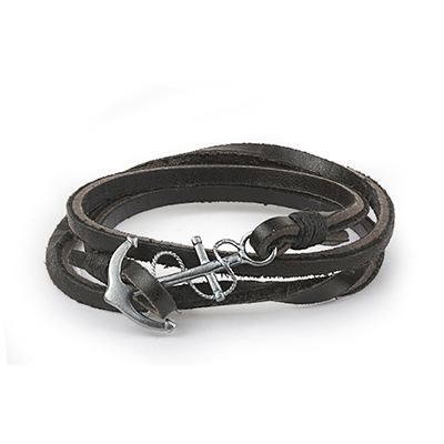 Mens Bracelets - 'Sea Treasures' Sterling silver 925 with genuine black leather bracelet, brushed and oxidized anchor