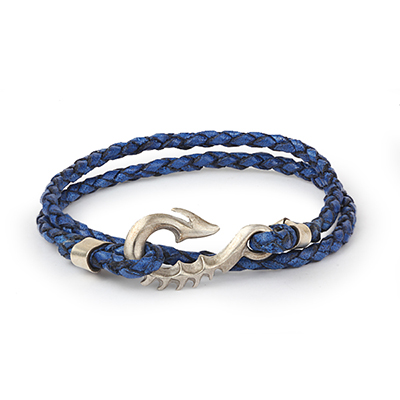 Mens Bracelets - 'Sea Treasures' Sterling silver 925 with genuine blue and black leather bracelet, seahorse clasp polished