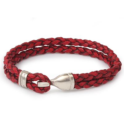 Mens Bracelets - 'Sea Treasures' Sterling silver 925 with genuine red and black leather bracelet, polished hook clasp