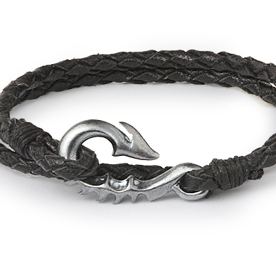 Mens Bracelets - 'Sea Treasures' Sterling silver 925 with genuine black leather bracelet, brushed and oxidized seahorse