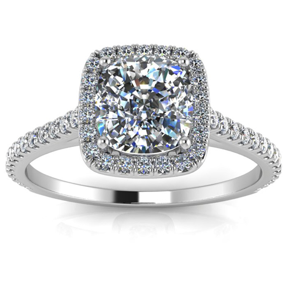 14K White Gold Cushion Diamond Engagement Ring - Halo Pave Side Diamonds