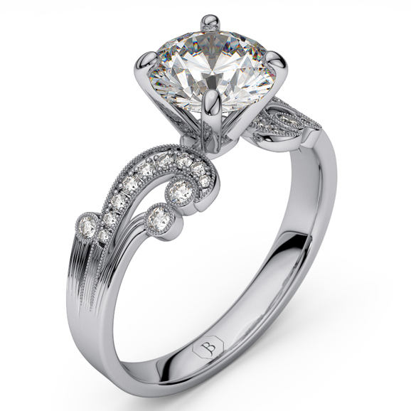 14K White Gold-Rhodium Dipped Victorian Style Vintage Engagement Ring, Diamond Ring