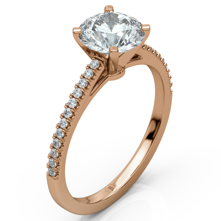 14k Rose Gold Classic Diamond Engagement Ring, Cathedral Archways with Shared Prongs Pavé Diamond Accents.