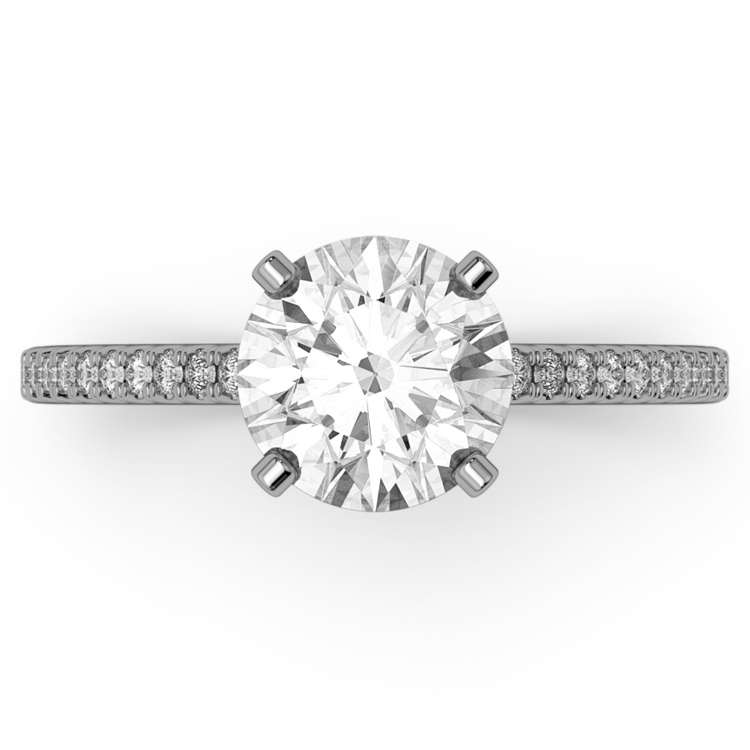 14k White Gold Classic Diamond Engagement Ring, Cathedral Archways with Shared Prongs Pavé Diamond Accents.