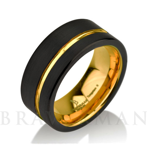 Black Tungsten Ring Yellow Gold Wedding Band Ring 