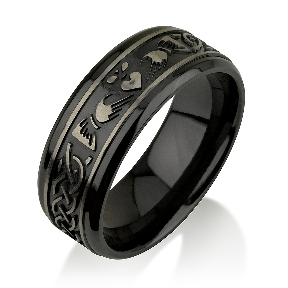 Claddagh Black Zirconium Ring, Black Zirconium Wed