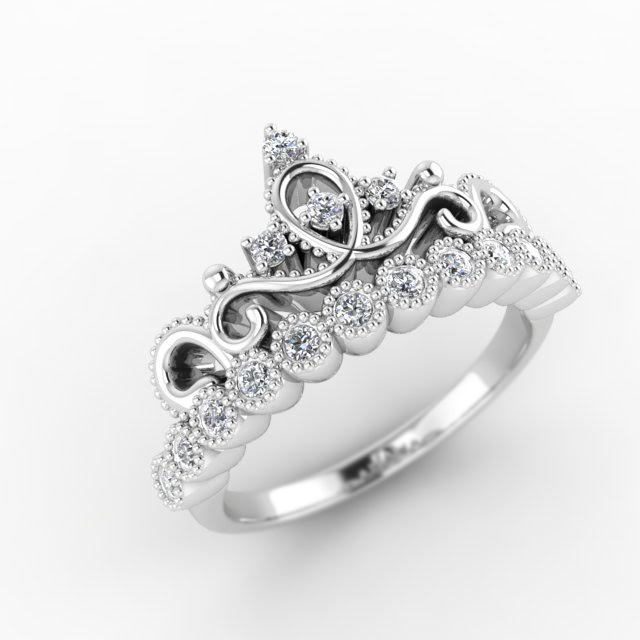 Unique Crown Diamond Ring - 14k White Gold and Diamonds Majestic Design