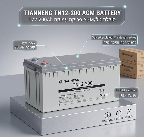 מצבר ג'ל פריקה עמוקה 12V-200Ah תוצרת TIANNENG
