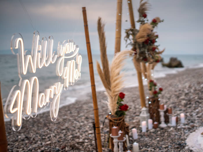 boho-inspired beach proposal in Rhodes