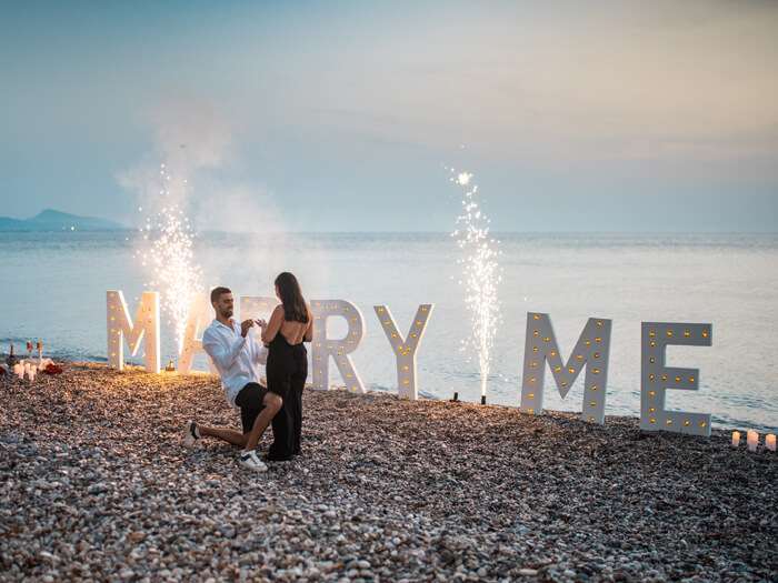 Marriage proposal in Rhodes letters lighting