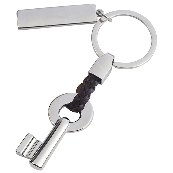 מחזיק מפתחות 'המפתח' עם לולאת עור שחורה ולוחית