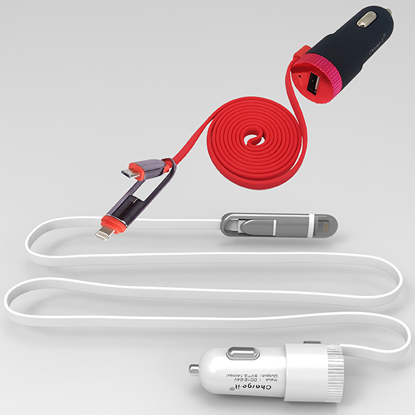 מטען USB לרכב 2.4A עם כבל מובנה 2 ב-1 באורך 1.2 מ´
