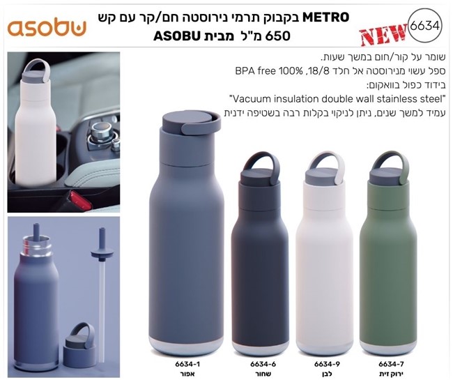 METRO בקבוק תרמי ציפוי קרמי פנימי Puramic חם/קר 650 מ"ל עם קש מבית ASOBU