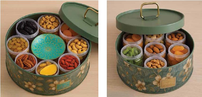 קופסה עגולה יוקרתית - 9 קופסאות רב פעמיות עם פירות יבשים